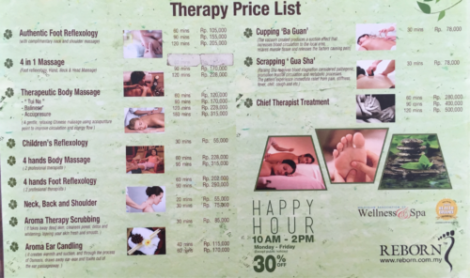 Reborn Massage and Reflexology Batam Shop Front Therapy Price List